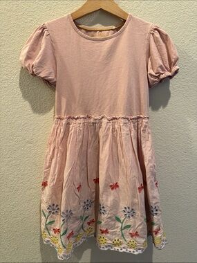 Mini Boden Light Pink Embroidered Puff Sleeve Dress (100% Cotton, Size 9-10)